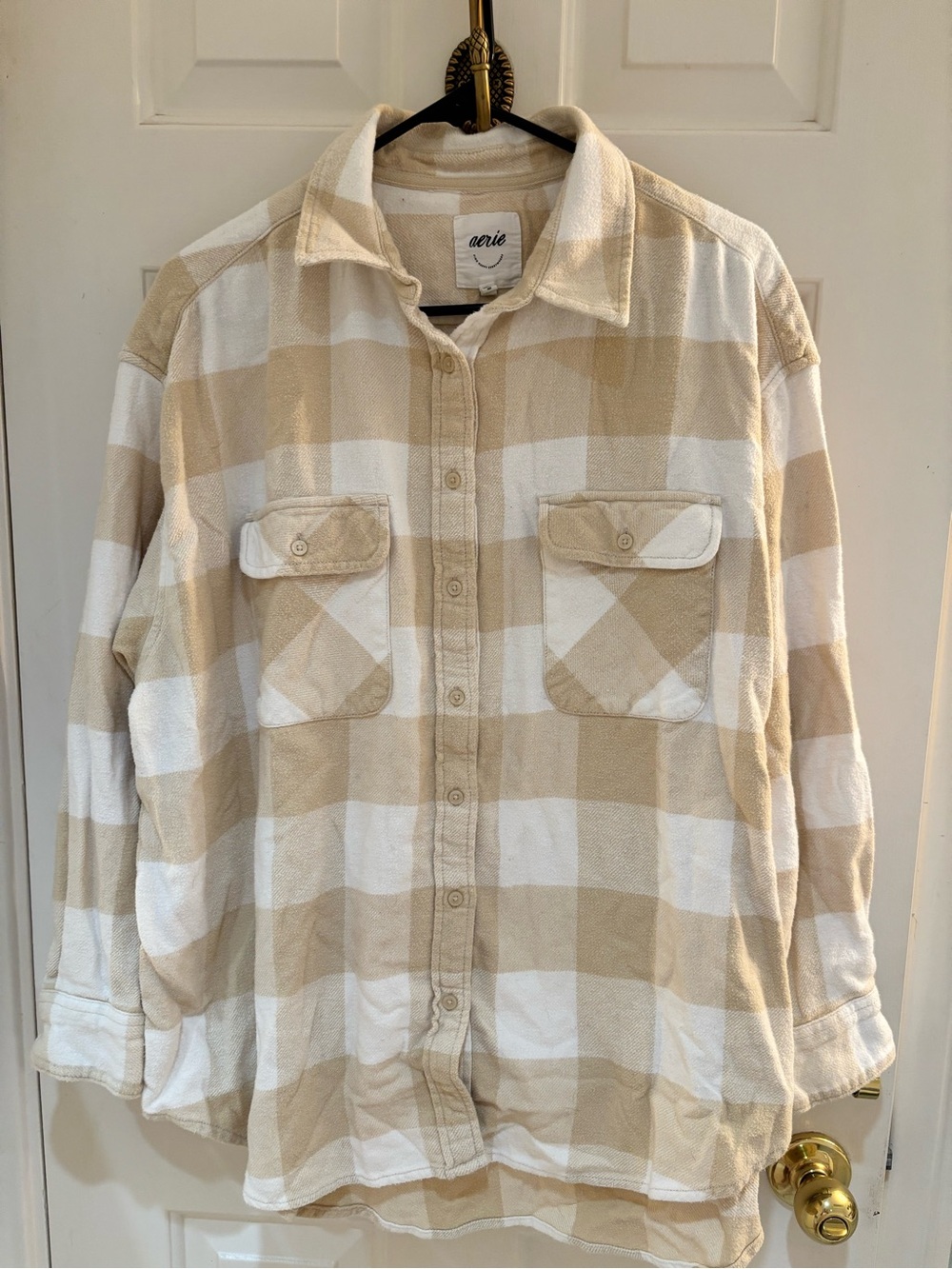 aerie women’s Beige and White Plaid Button-Down Shirt
